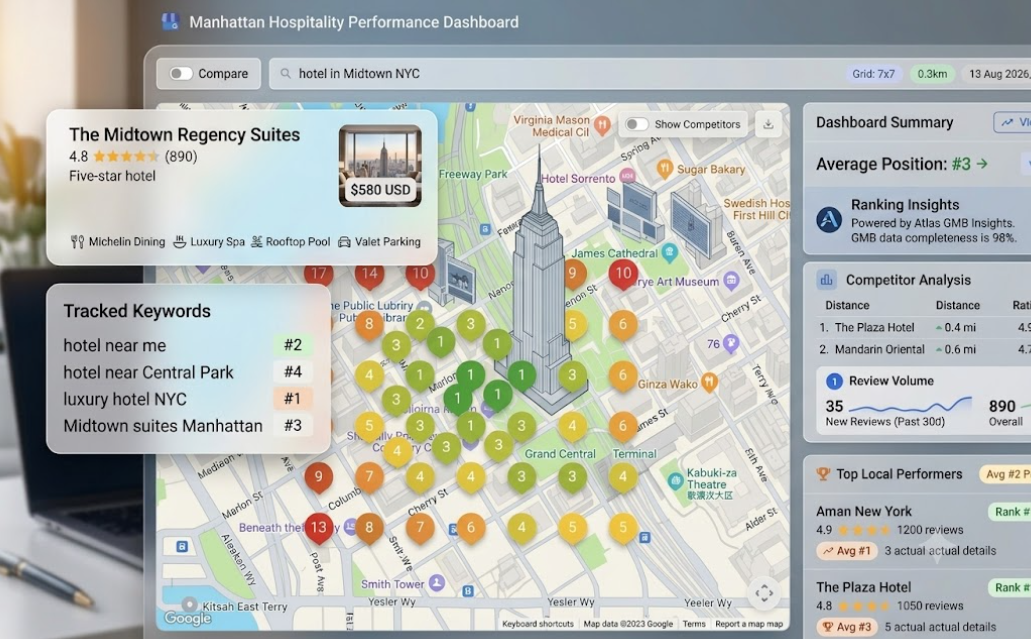 A local-ranking dashboard showing map grid positions, tracked keywords and competitor ratings